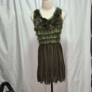 Y2K Elegant Green Lace and Fur Dress